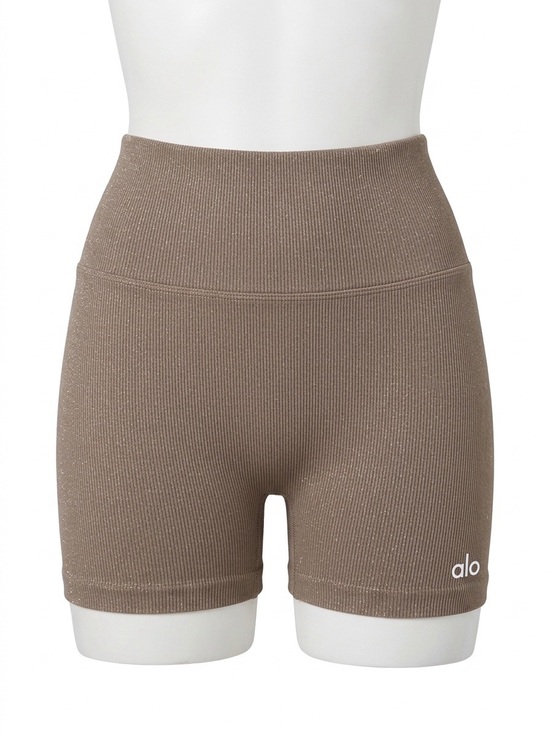 ALO Yoga Pants - ALO Yoga Ribbed High-Rise Seamless Shimmer Bike Shorts in Taupe Gravel Small